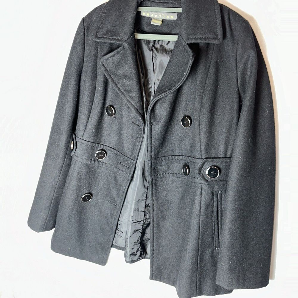 KENNETH COLE REACTION Button Front Black Wool Blend Pea Coat Women's SZ Medium